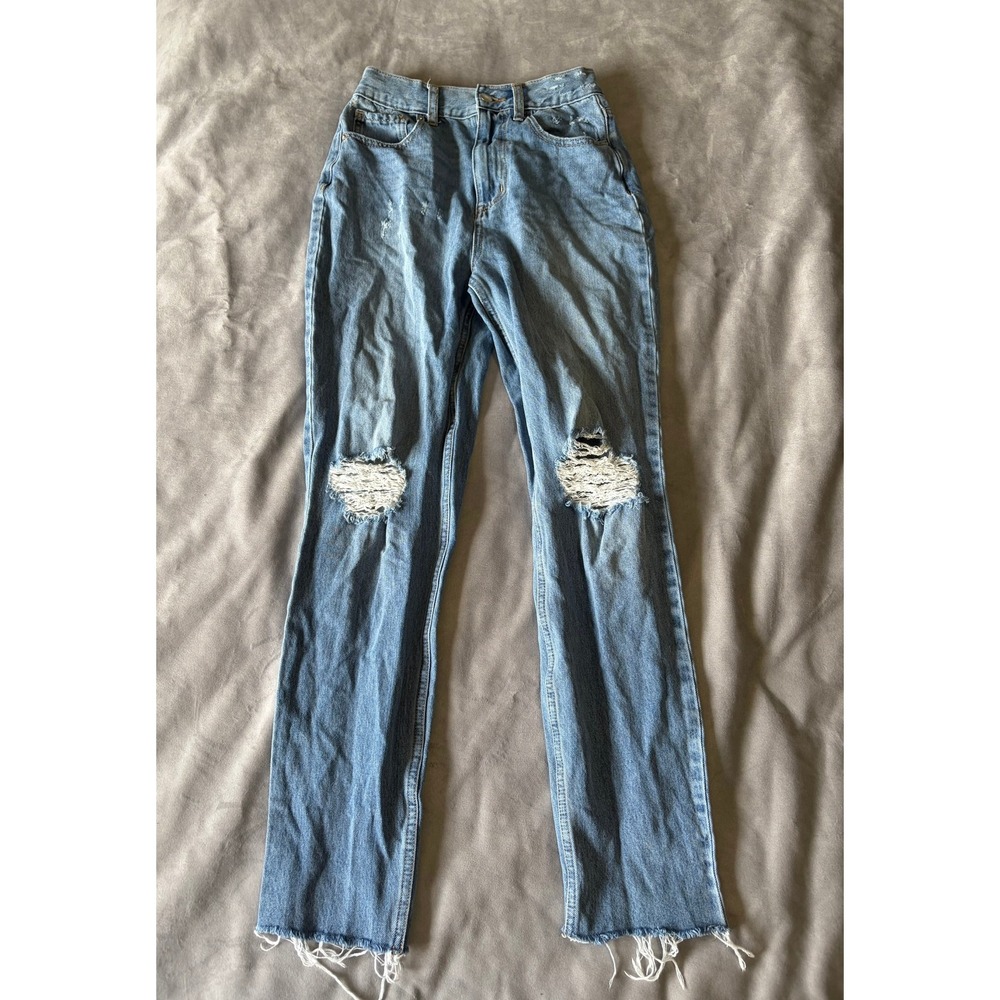 Fashion Nova Distressed High Rise Straight Leg Jeans Light Wash Blue Size 3
